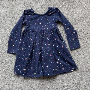 HANNA ANDERSSON Dress, Long sleeves, Navy blue w/ star design, 2T, pockets